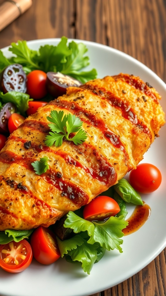 Crispy Italian Herb Chicken Recipe Crispy Italian chicken breast garnished with parsley, served with a fresh salad on a rustic wooden table.